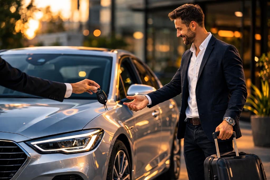 Host handing car keys to a renter beside the vehicle